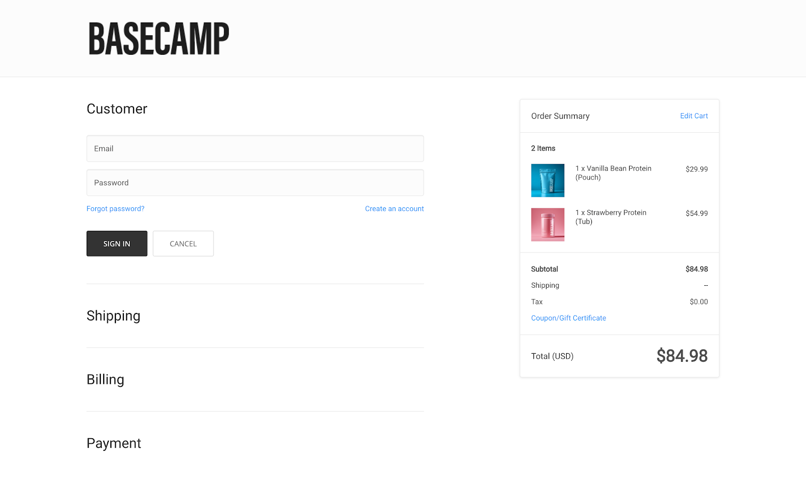 BigCommerce checkout sign in page with email and password fields
