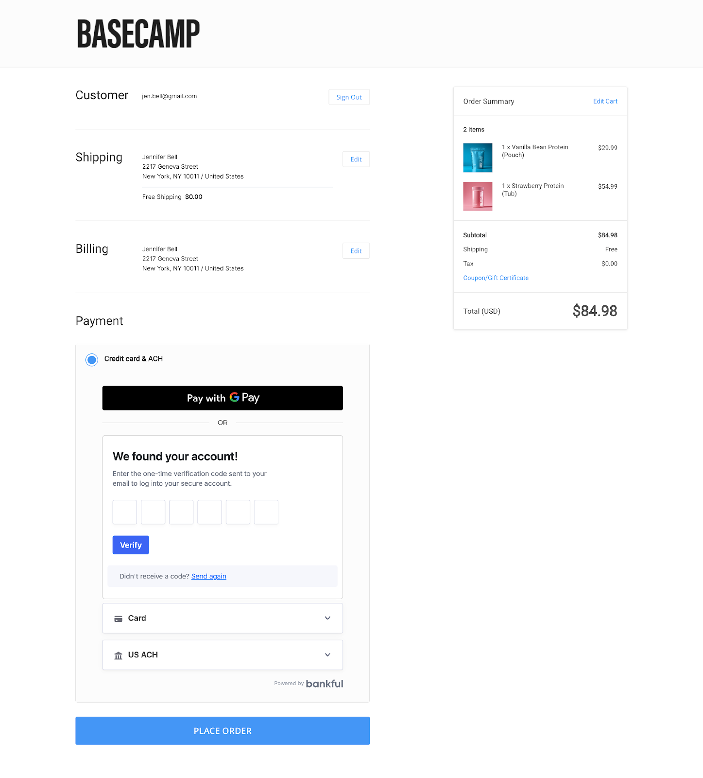 BigCommerce checkout showing Bankful one-time verification prompt