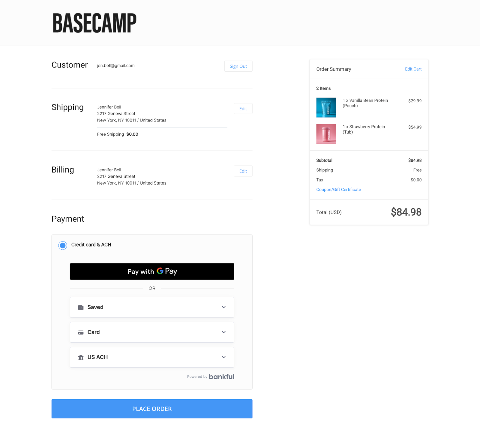 Full BigCommerce checkout page showing the Bankful payment widget with all payment methods collapsed