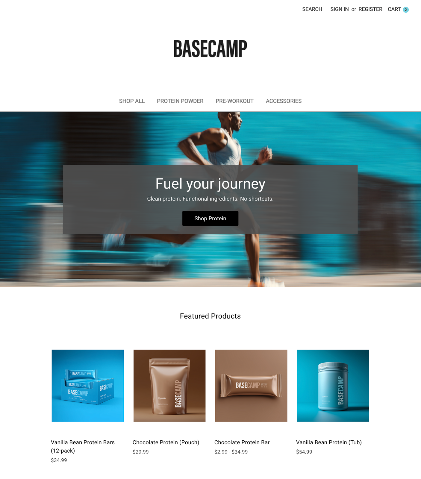 BASECAMP BigCommerce storefront showing featured products