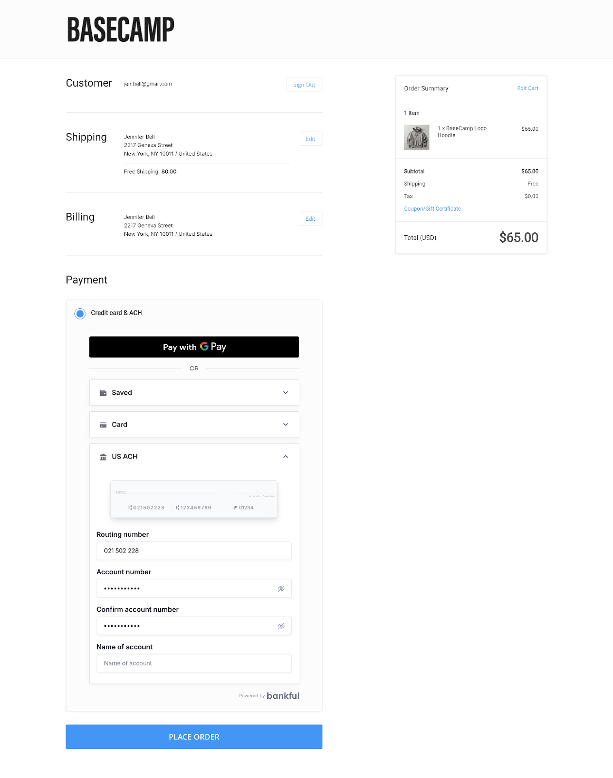 BigCommerce checkout with Bankful US ACH accordion expanded