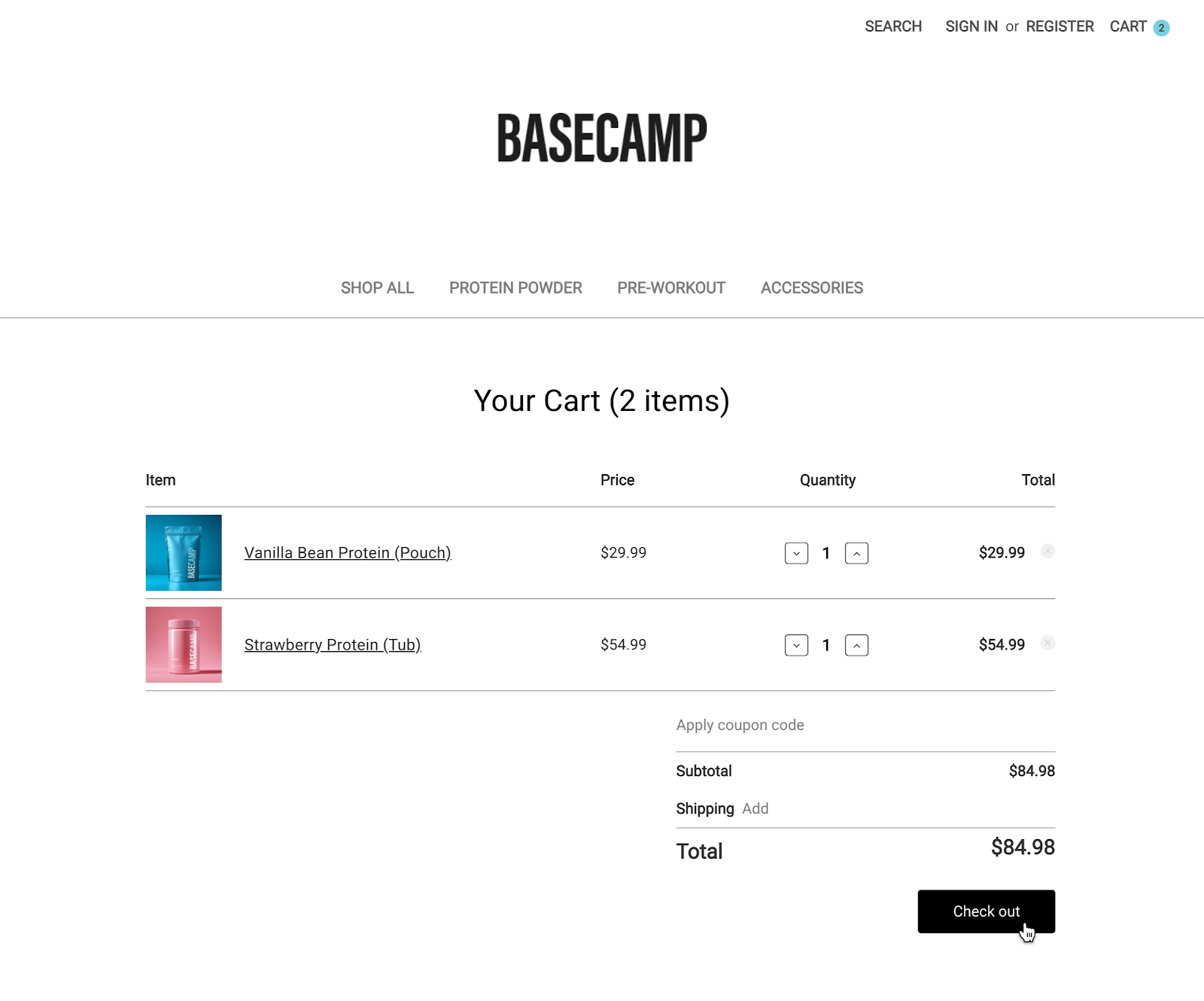 BigCommerce cart page showing items and Check out button