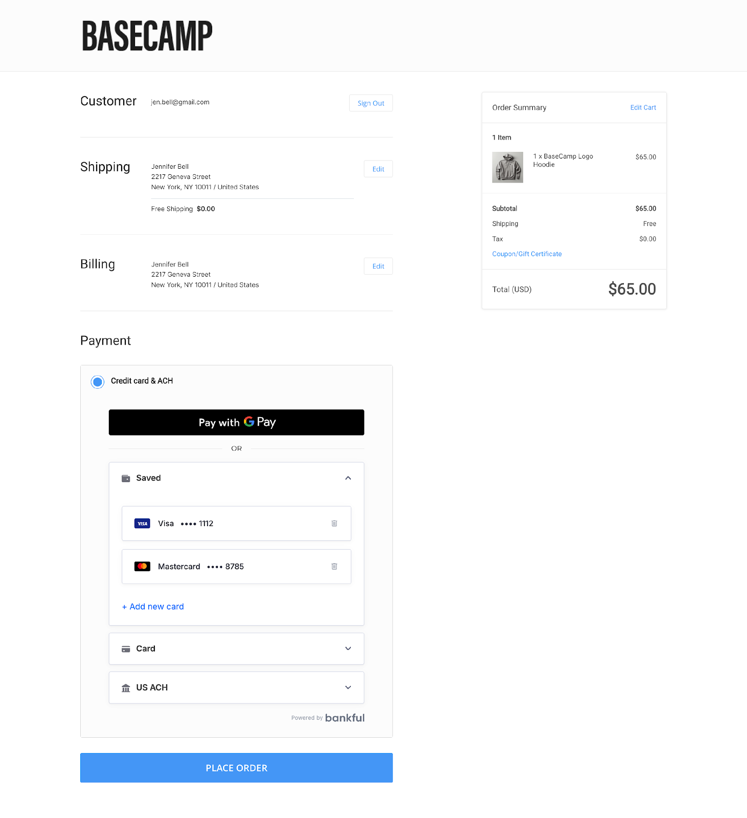 Full BigCommerce checkout showing Bankful Saved section with two saved cards