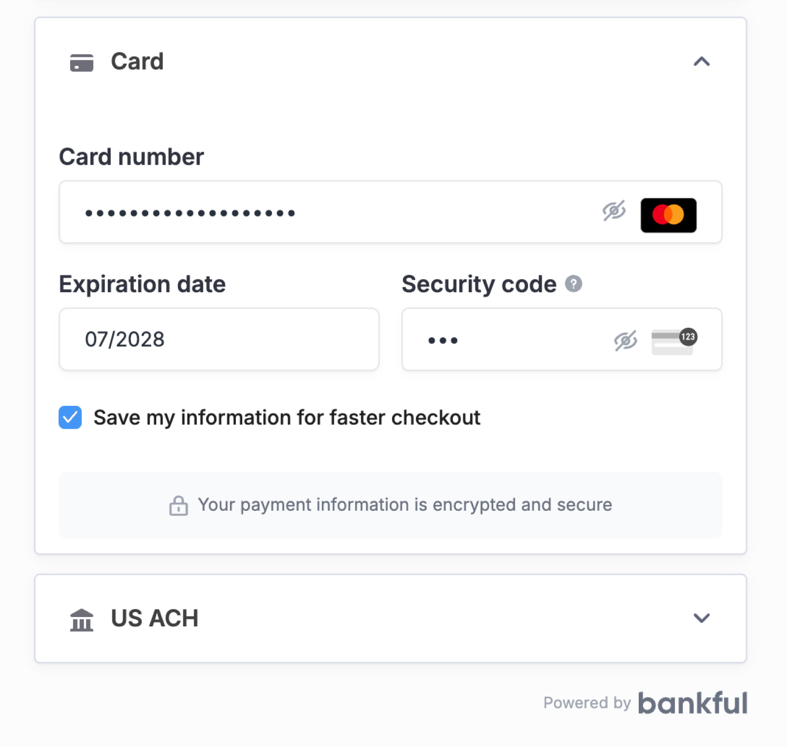 Close-up of Bankful Card widget showing filled card details and encrypted and secure message