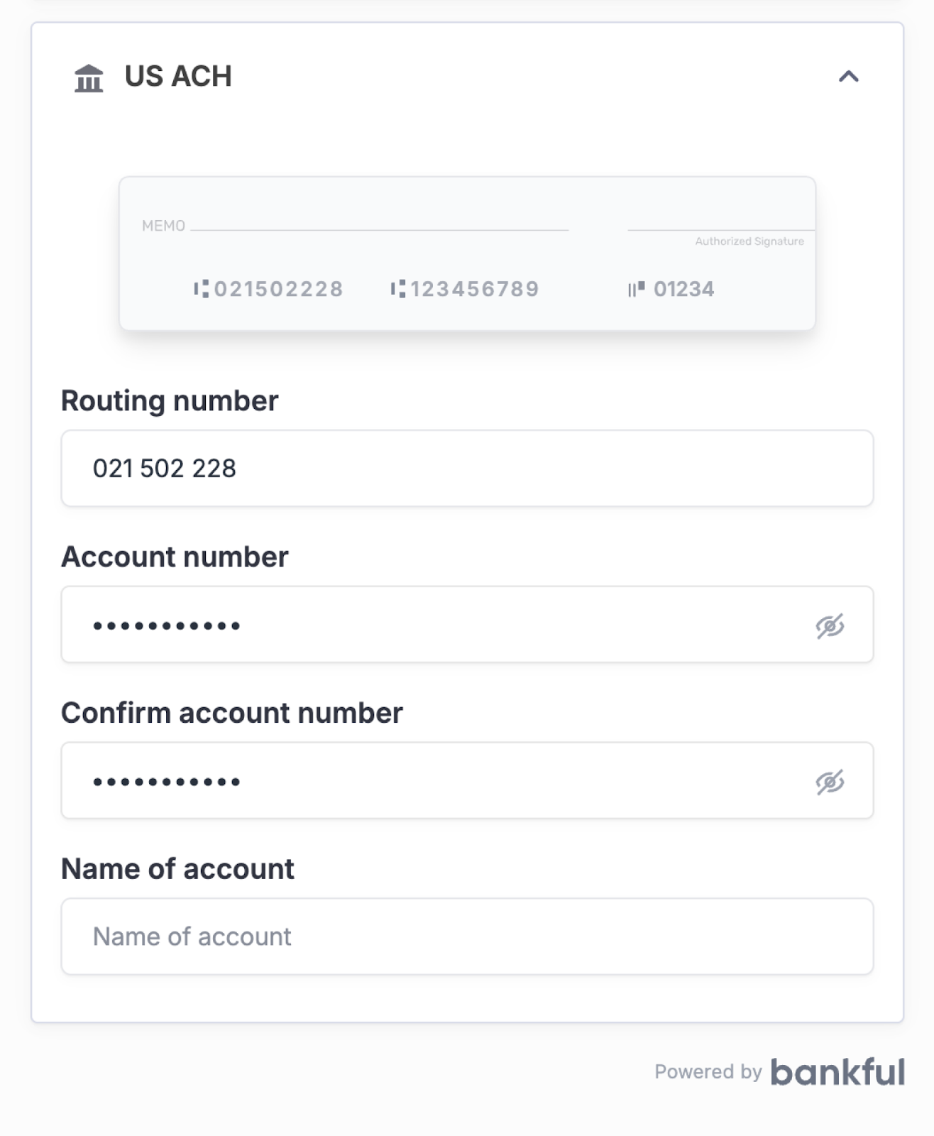 Close-up of Bankful US ACH widget showing check diagram