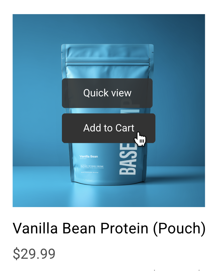 Product hover state showing Quick view and Add to Cart buttons