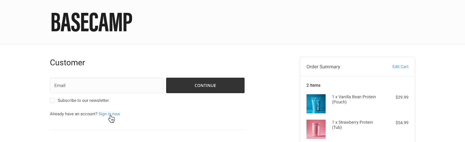 BigCommerce checkout first step showing email field and Sign in now link